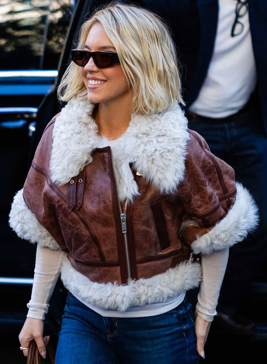 Harpoon Sydney Sweeney New York City Shearling Inspired Brown Leather Jacket