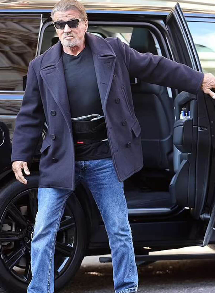 Harpoon Sylvester Stallone Inspired Blue Wool Fabric Coat - Rambo: Expend4bles Style