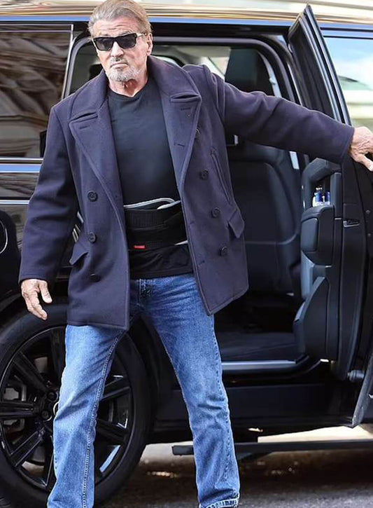 Harpoon Sylvester Stallone Inspired Blue Wool Fabric Coat - Rambo: Expend4bles Style