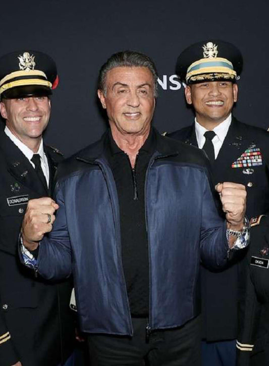Harpoon Sylvester Stallone Inspired Black & Blue Cotton & Faux Leather Cotton Jacket - Rambo: Last Blood Style