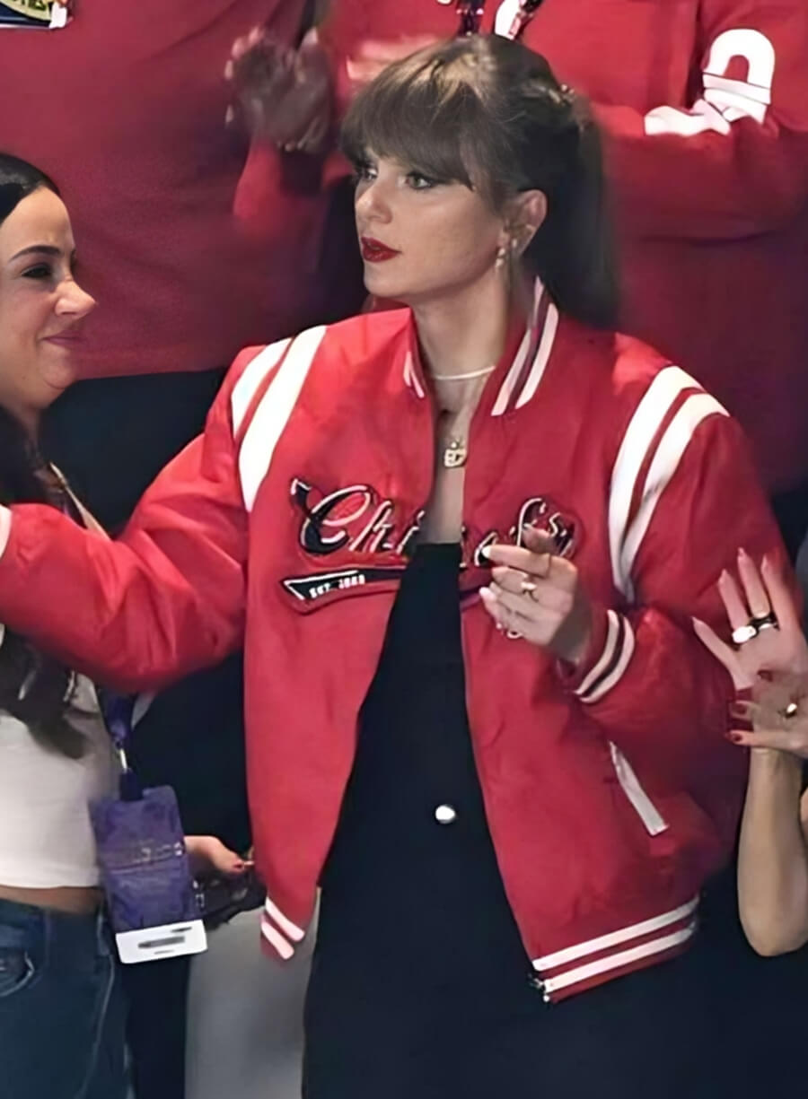 Harpoon Taylor Swift Inspired Red Fleece Fabric Leather Jacket - Super Bowl 2025 Style