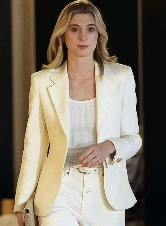 Harpoon Elizabeth Debicki Inspired White Suiting Fabric Leather Jacket - The Adventures of Cliff Booth Style