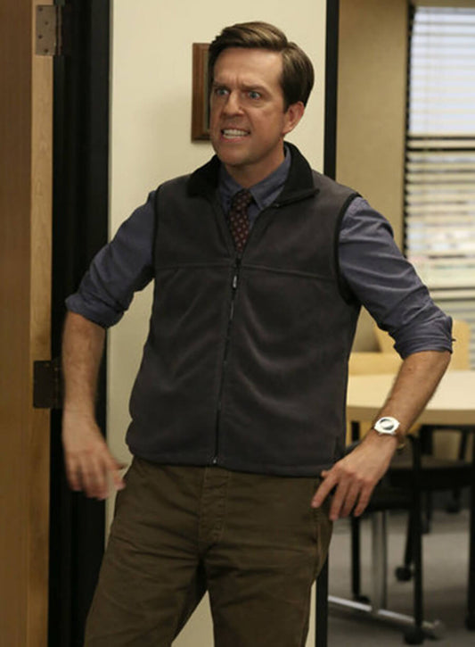 Harpoon Ed Helms Inspired Grey Fleece Fabric Leather Jacket - The Office Tv Series Style