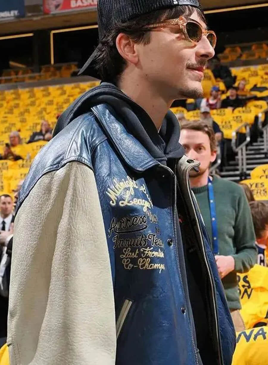 Harpoon Timothee Chalamet Inspired Blue and Off White Leather Jacket