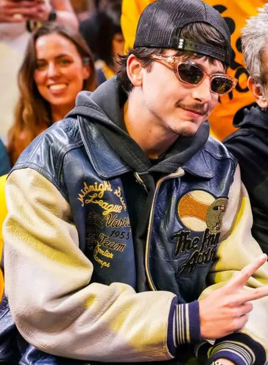 Harpoon Timothee Chalamet Inspired Blue and Off White Leather Jacket