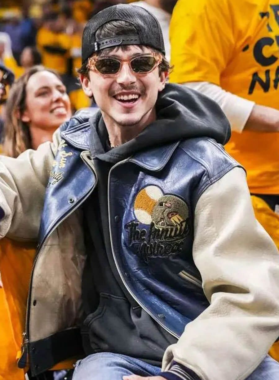 Harpoon Timothee Chalamet Inspired Blue and Off White Leather Jacket