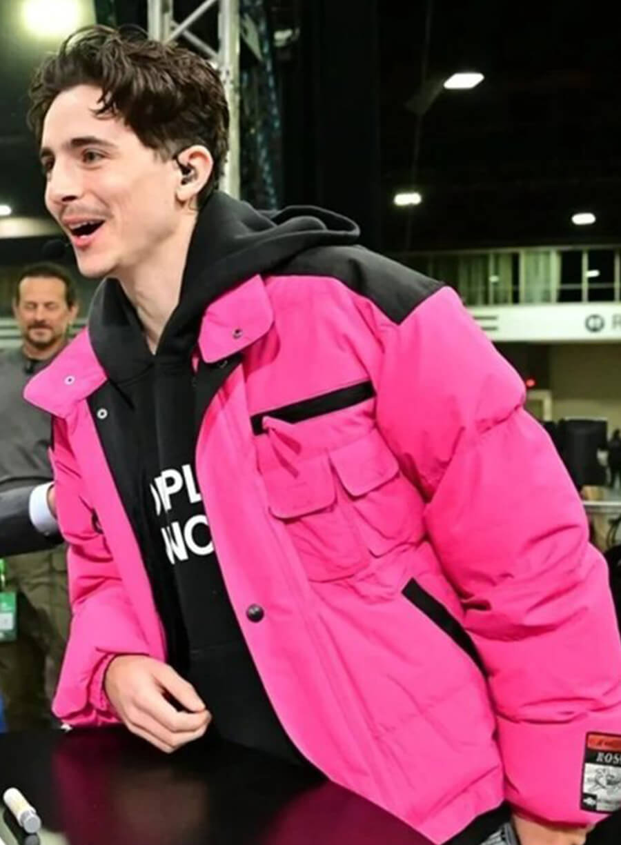 Harpoon Timothee Chalamet Pink Puffer Inspired Pink Leather Jacket