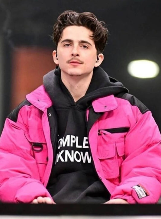 Harpoon Timothee Chalamet Pink Puffer Inspired Pink Leather Jacket