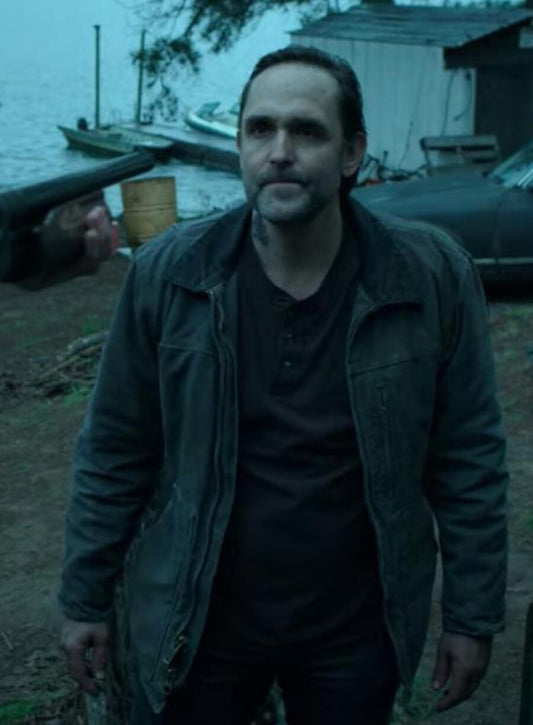 Harpoon Cade Langmore Inspired Blue Polyester Fabric Leather Jacket - Ozark TV Series Style