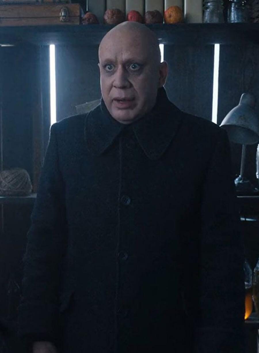 Harpoon Uncle Fester Inspired Black Wool Coat - Wednesday Style