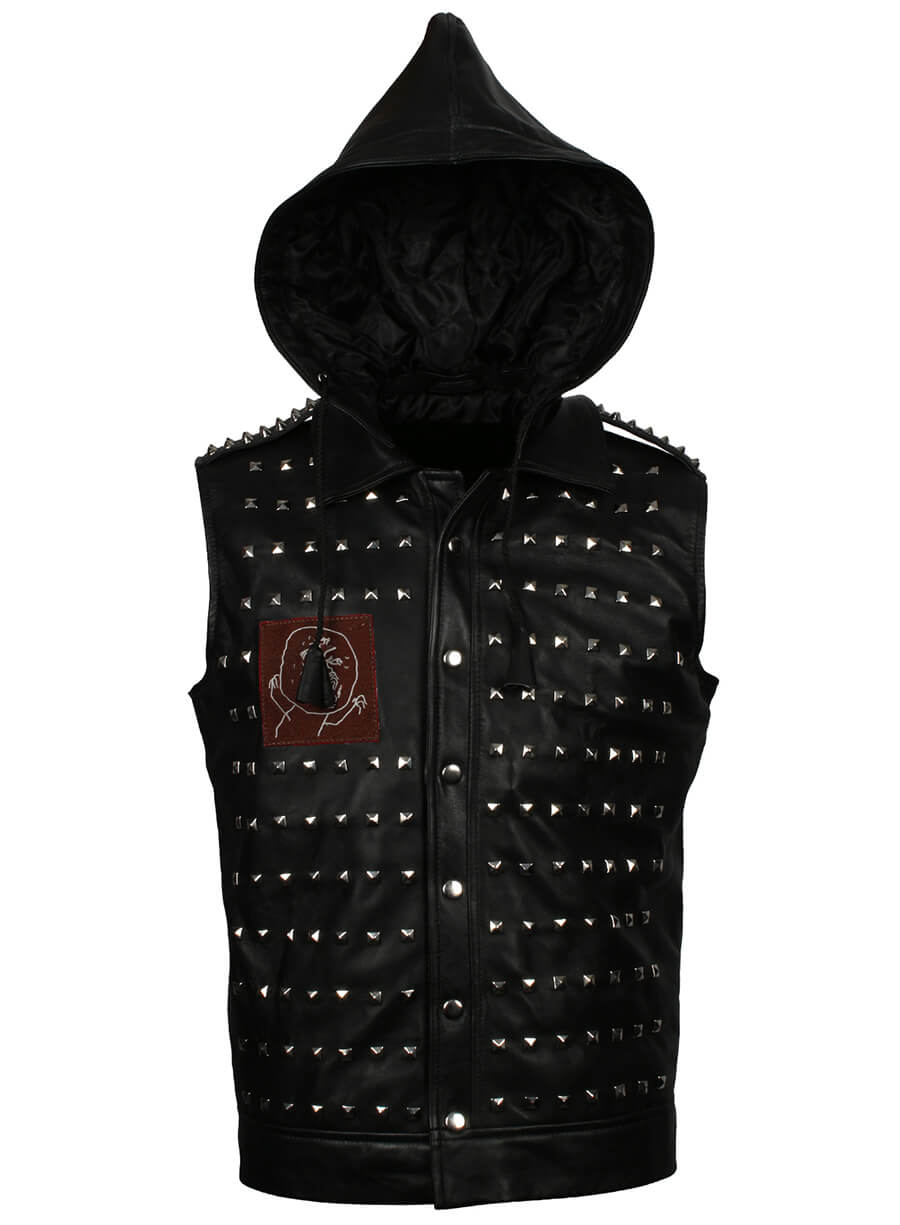 Harpoon Wrench Shawn Baichoo Inspired Black Real Leather Hooded Jacket - Watch Dog 2 Style