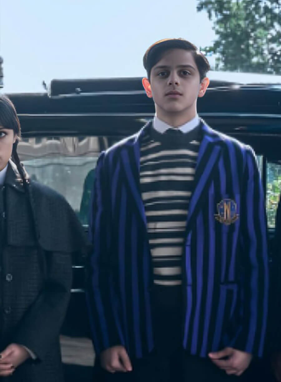 Harpoon Pugsley Addams Inspired Black & Purple Suiting Fabric Leather Jacket - Wednesday Style