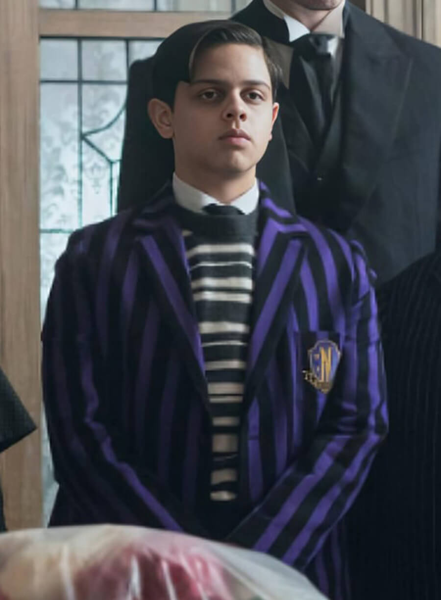 Harpoon Pugsley Addams Inspired Black & Purple Suiting Fabric Leather Jacket - Wednesday Style