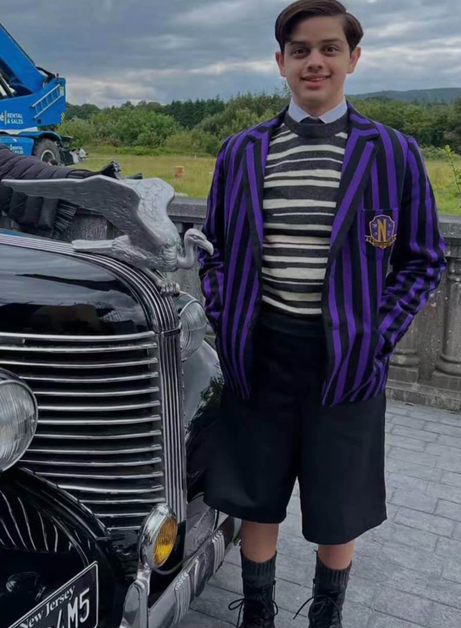 Harpoon Pugsley Addams Inspired Black & Purple Suiting Fabric Leather Jacket - Wednesday Style