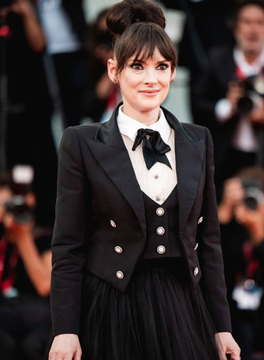 Harpoon Winona Ryder Inspired Black Suiting Fabric Leather Jacket - Beetlejuice Beetlejuice Premiere Style