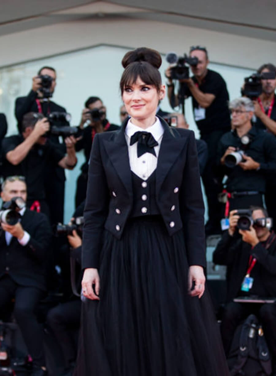 Harpoon Winona Ryder Inspired Black Suiting Fabric Leather Jacket - Beetlejuice Beetlejuice Premiere Style