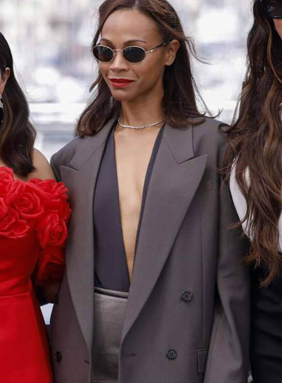 Harpoon Zoe Saldana Inspired Black Plain Fabric Leather Jacket - Emilia P�rez 2024 Premiere Style