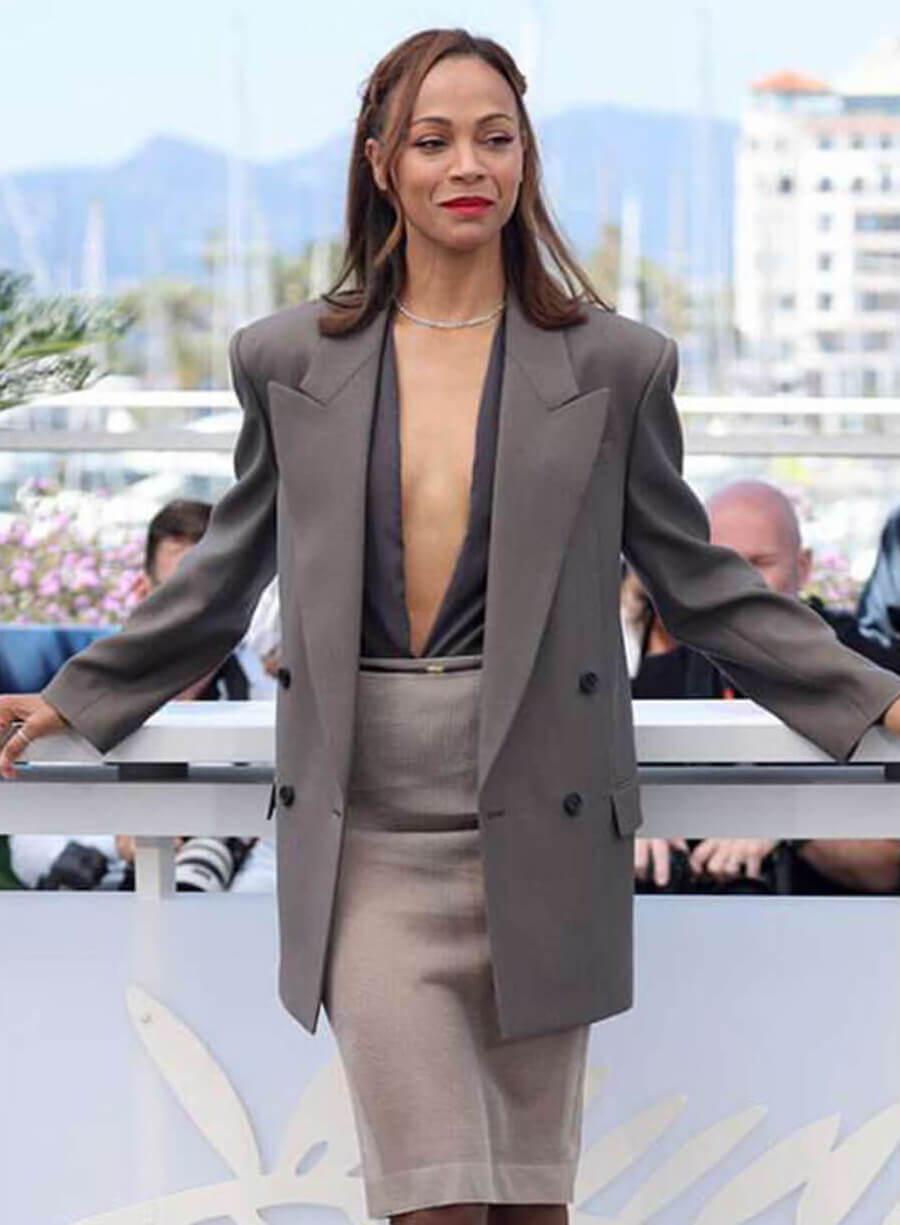 Harpoon Zoe Saldana Inspired Black Plain Fabric Leather Jacket - Emilia P�rez 2024 Premiere Style